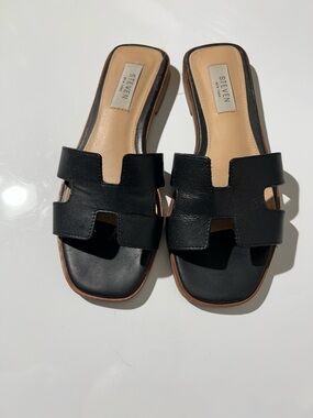 STEVEN Black Leather H-Cut Slide Mules for Women